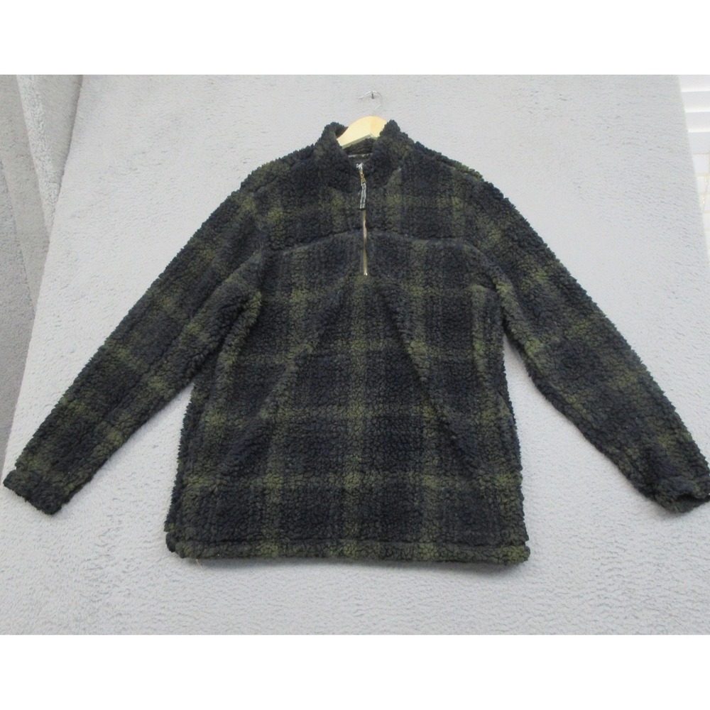 Mens L Navy Olive Plaid Teddy Sherpa Fleece 1/4 Zip Gorpcore Cabin Core Alpine